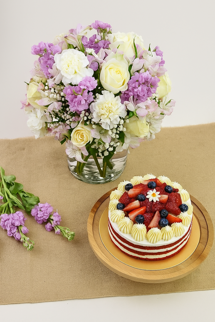 1 Kg Chocolaty Red Velvet Cake With 50 Roses Arrangement