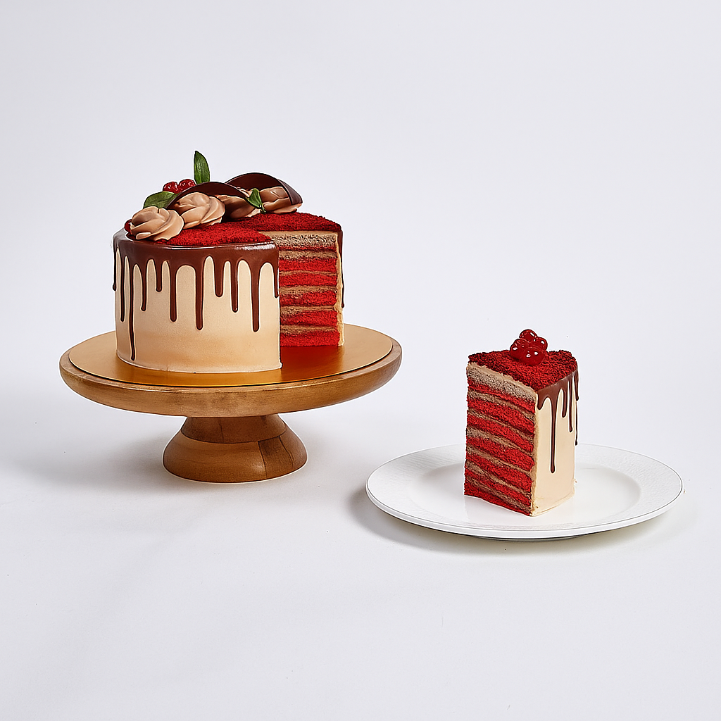 1 Kg Red Velvet Cake With Pink Floral Arrangement