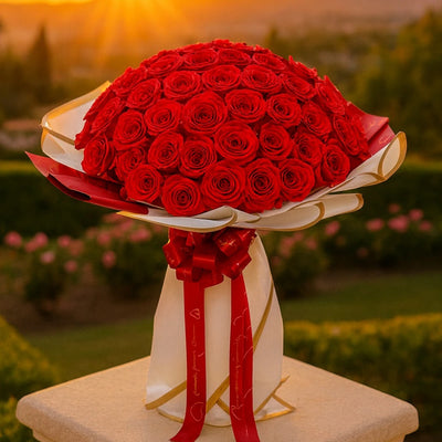 Bouquet of red roses with a white wrap and red ribbons on a pedestal against a blurred natural background.