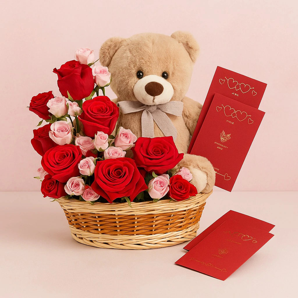 Teddy bear with a bouquet of red and pink roses and red envelopes on a light pink background