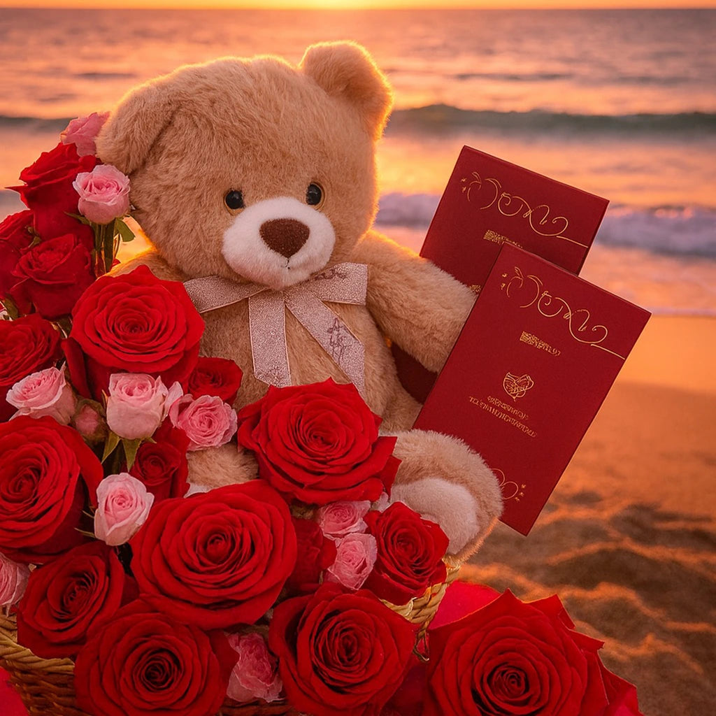 Teddy bear with red and pink roses and red envelopes on a beach at sunset.