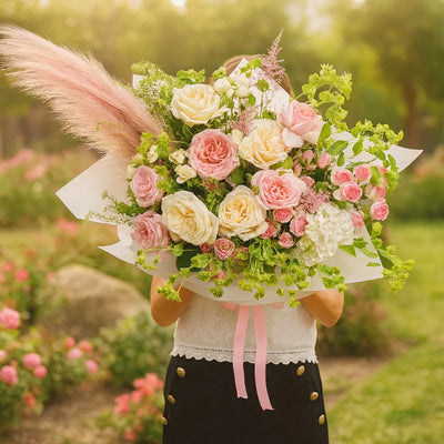 Person holding a bouquet of pink, white, and green flowers with pink feathers in a garden setting.