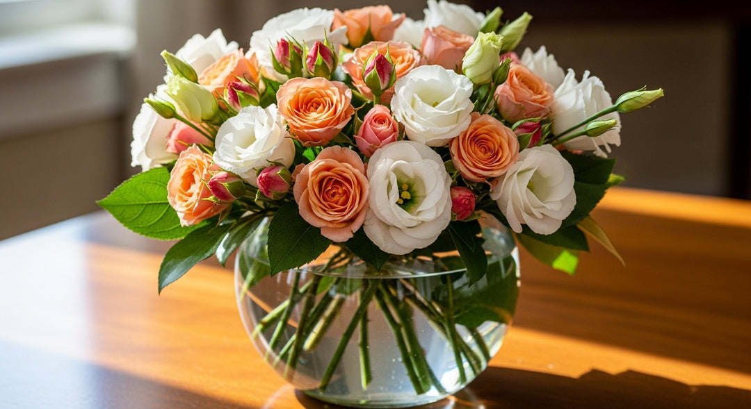 Spray Roses with White Lisianthus in Fish Bowl