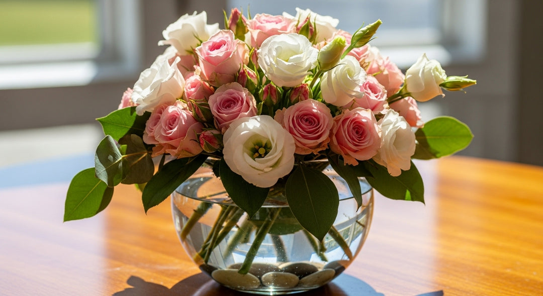 Spray Roses with White Lisianthus in Fish Bowl