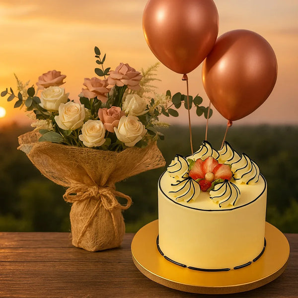 White cake with strawberry decorations, two bronze balloons, and a bouquet of flowers on a wooden table with a sunset background.