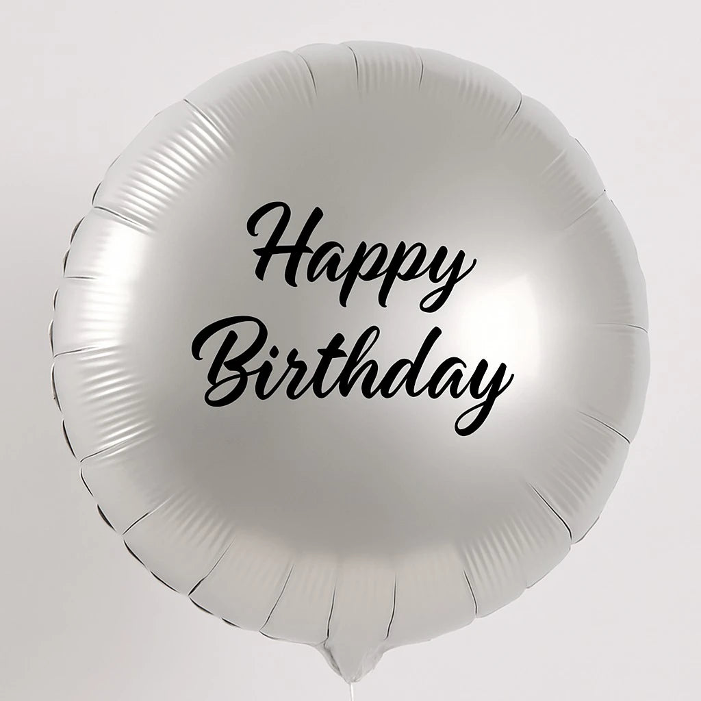 Silver birthday balloon with 'Happy Birthday' text on a white background
