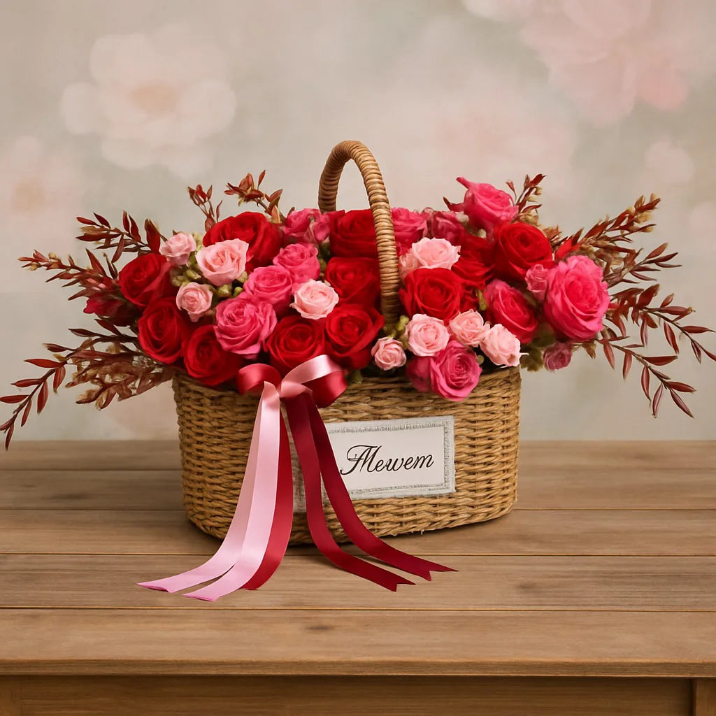 Wicker basket filled with red and pink roses on a wooden surface, with 'Fleurim' label.