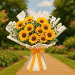 Load image into Gallery viewer, Bouquet of sunflowers with a white wrap and orange ribbon in a garden setting
