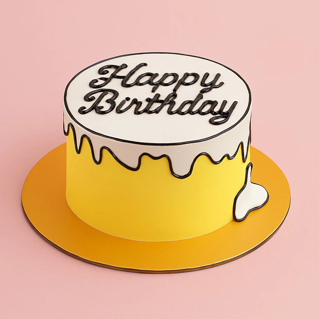 Illustration of a birthday cake with 'Happy Birthday' text on a pink background