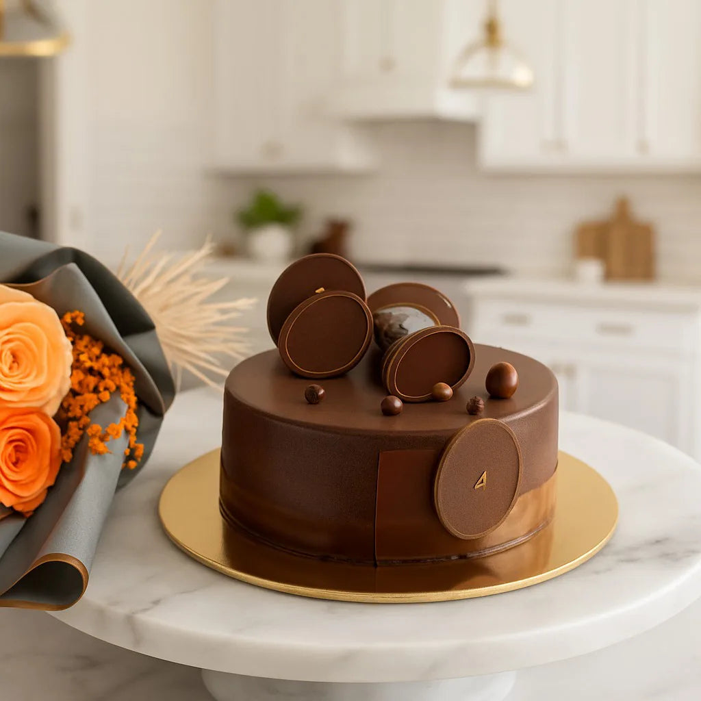 Chocolate cake with decorative elements on a marble surface in a kitchen setting