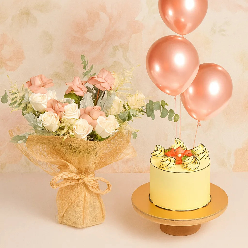 Bouquet of flowers and a cake with balloons on a light background
