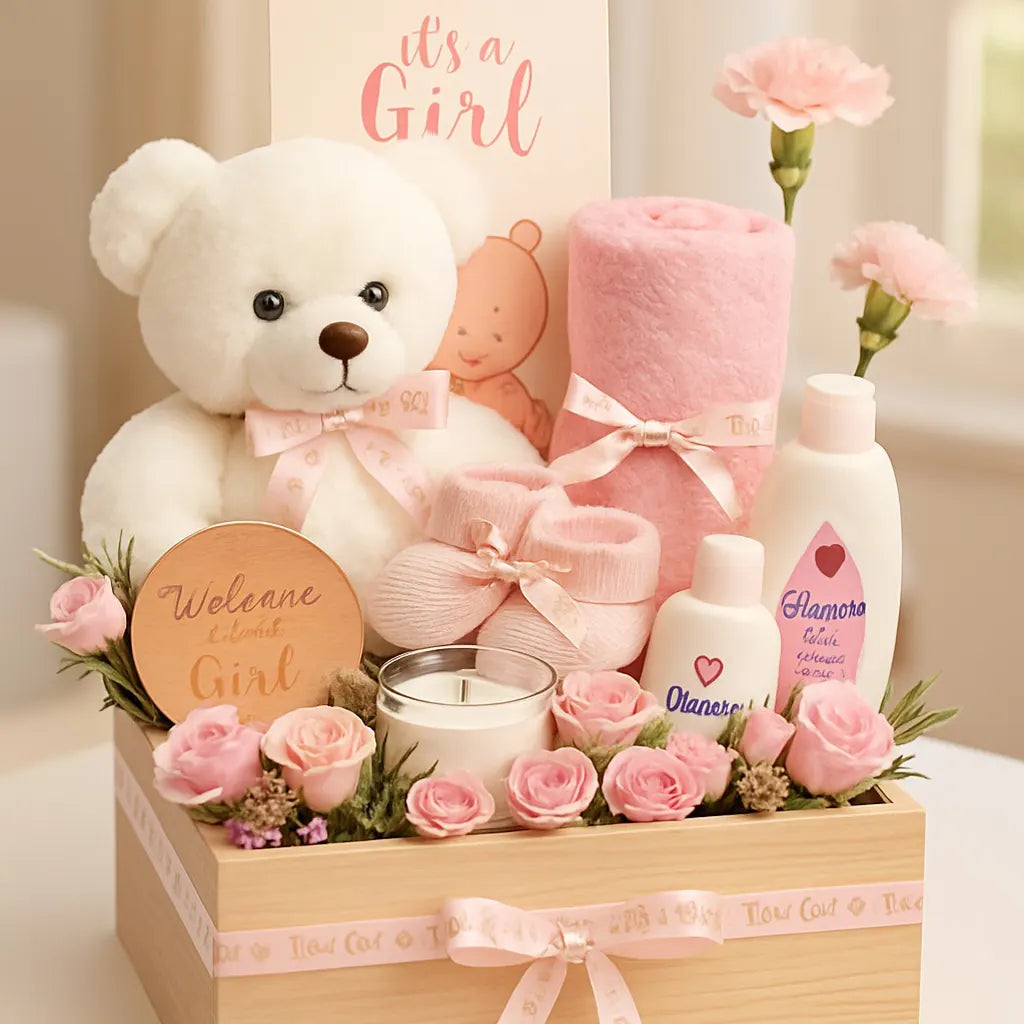 Baby girl gift set with teddy bear, flowers, and baby products in a decorative box.