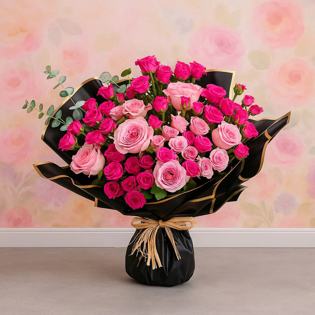 Bouquet of pink and red roses wrapped in black paper with a decorative bow on a floral background.