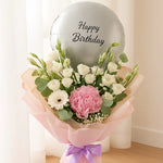 Load image into Gallery viewer, Bouquet of flowers with a &#39;Happy Birthday&#39; balloon on a light background
