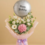 Load image into Gallery viewer, Bouquet of flowers with a &#39;Happy Birthday&#39; balloon on a beige background
