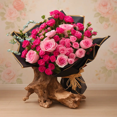 Bouquet of pink roses in a black wrap on a wooden stand with floral wallpaper background