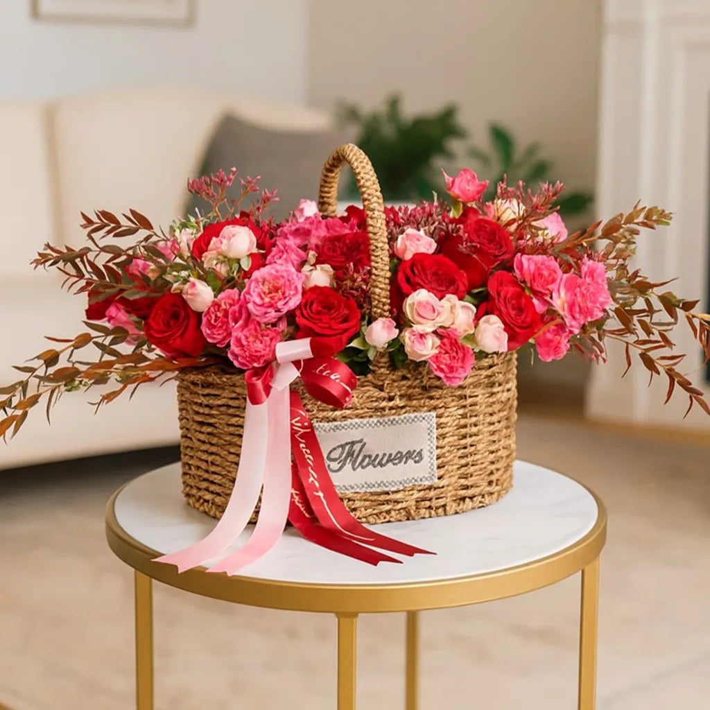 Floral arrangement in a woven basket on a marble table with a blurred background