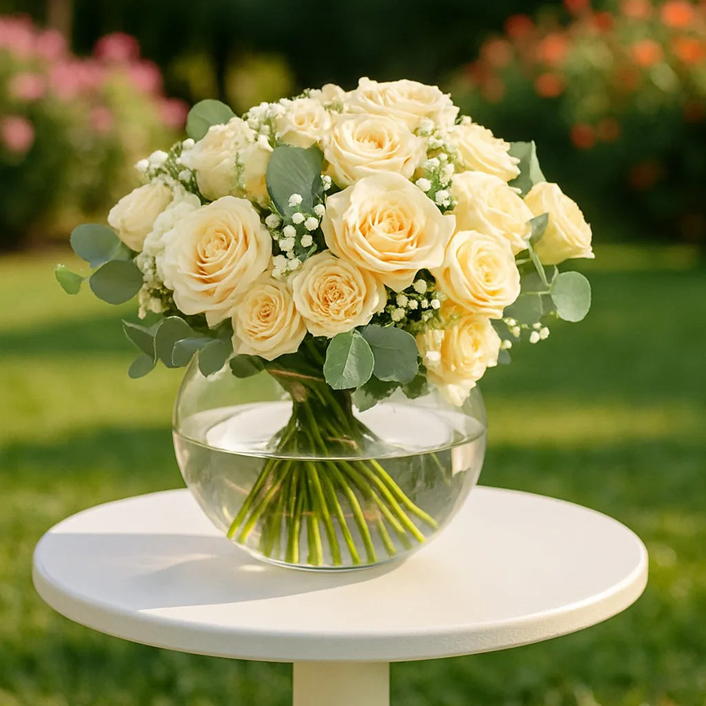 Bouquet of white roses in a clear vase on a white table outdoors.