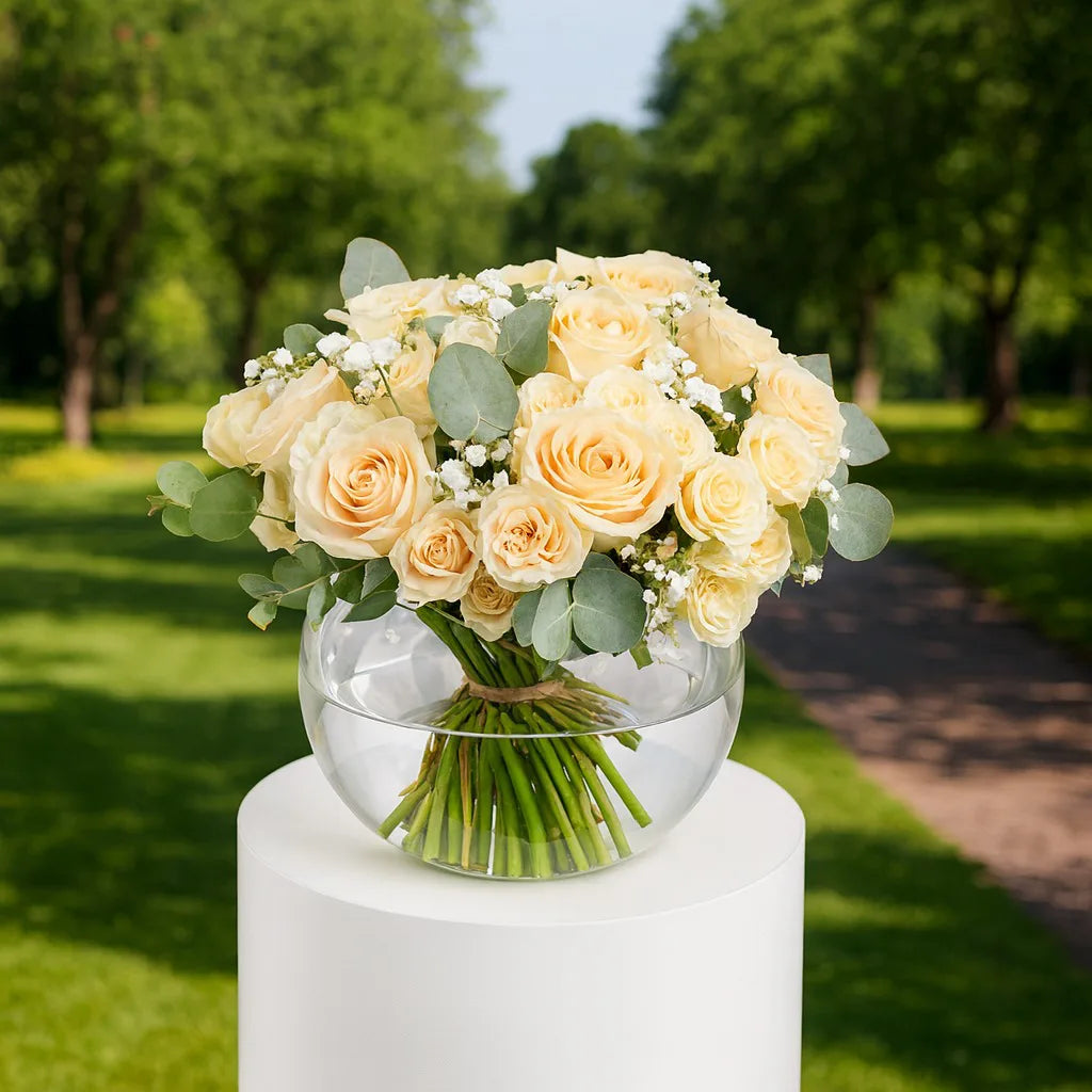 Bouquet of yellow roses in a clear vase on a white pedestal with a green outdoor background