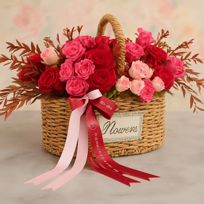 Wicker basket filled with red and pink roses on a light background
