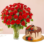Load image into Gallery viewer, 1 Kg Chocolaty Red Velvet Cake With 50 Roses Arrangement
