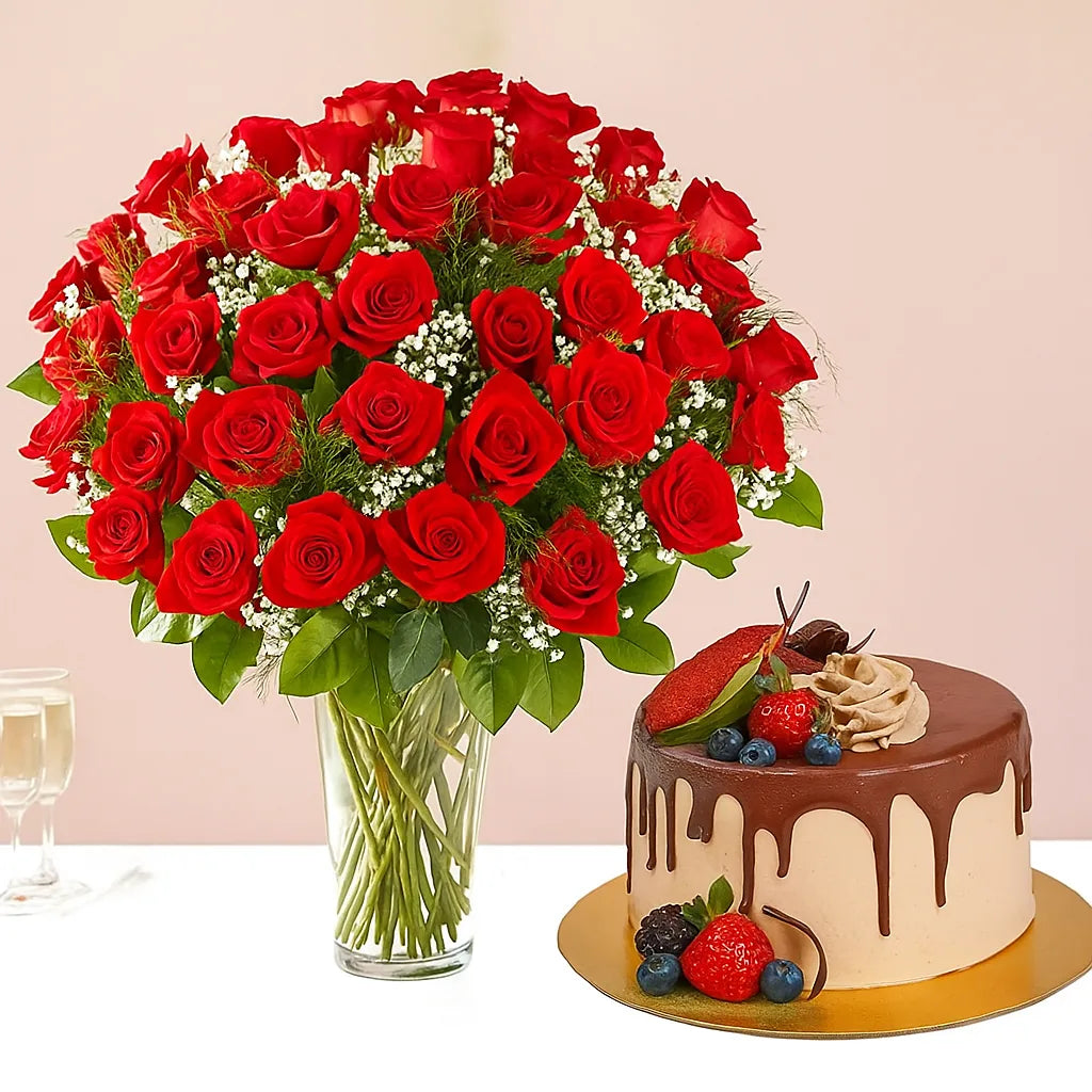 1 Kg Chocolaty Red Velvet Cake With 50 Roses Arrangement