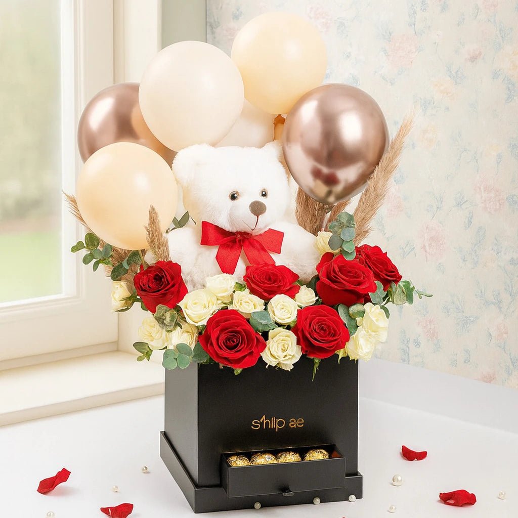 Teddy Balloon and Flower Box with Chocolates - bestgift