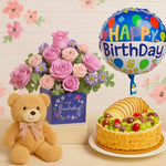 Load image into Gallery viewer, Birthday-themed items including a bouquet of flowers, teddy bear, cake, and &#39;Happy Birthday&#39; balloon on a floral background.
