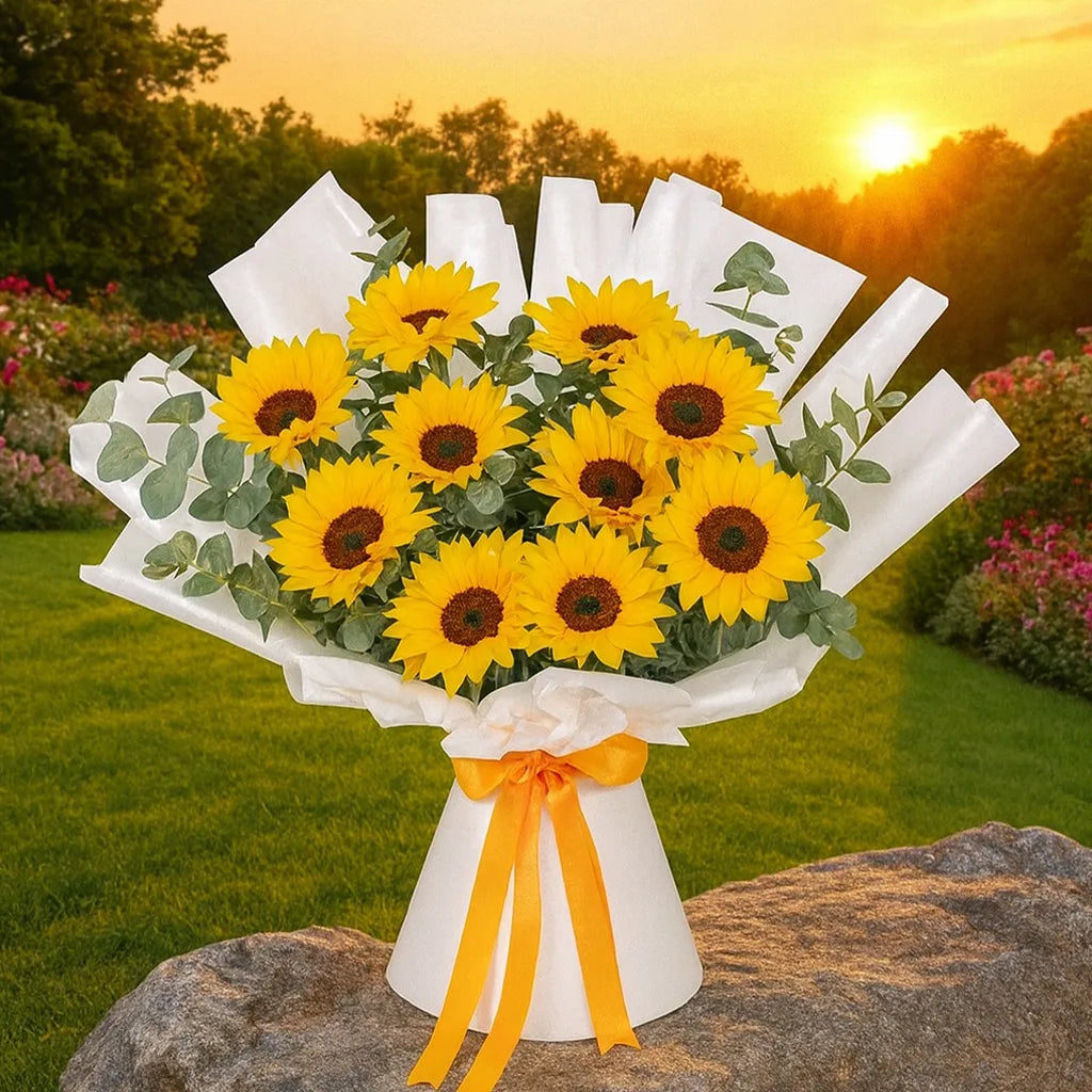 Bouquet of sunflowers wrapped in white paper with a yellow ribbon, set against a scenic background with trees and sunset.