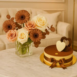 Load image into Gallery viewer, Decorative cake with heart topper and flowers on a marble surface
