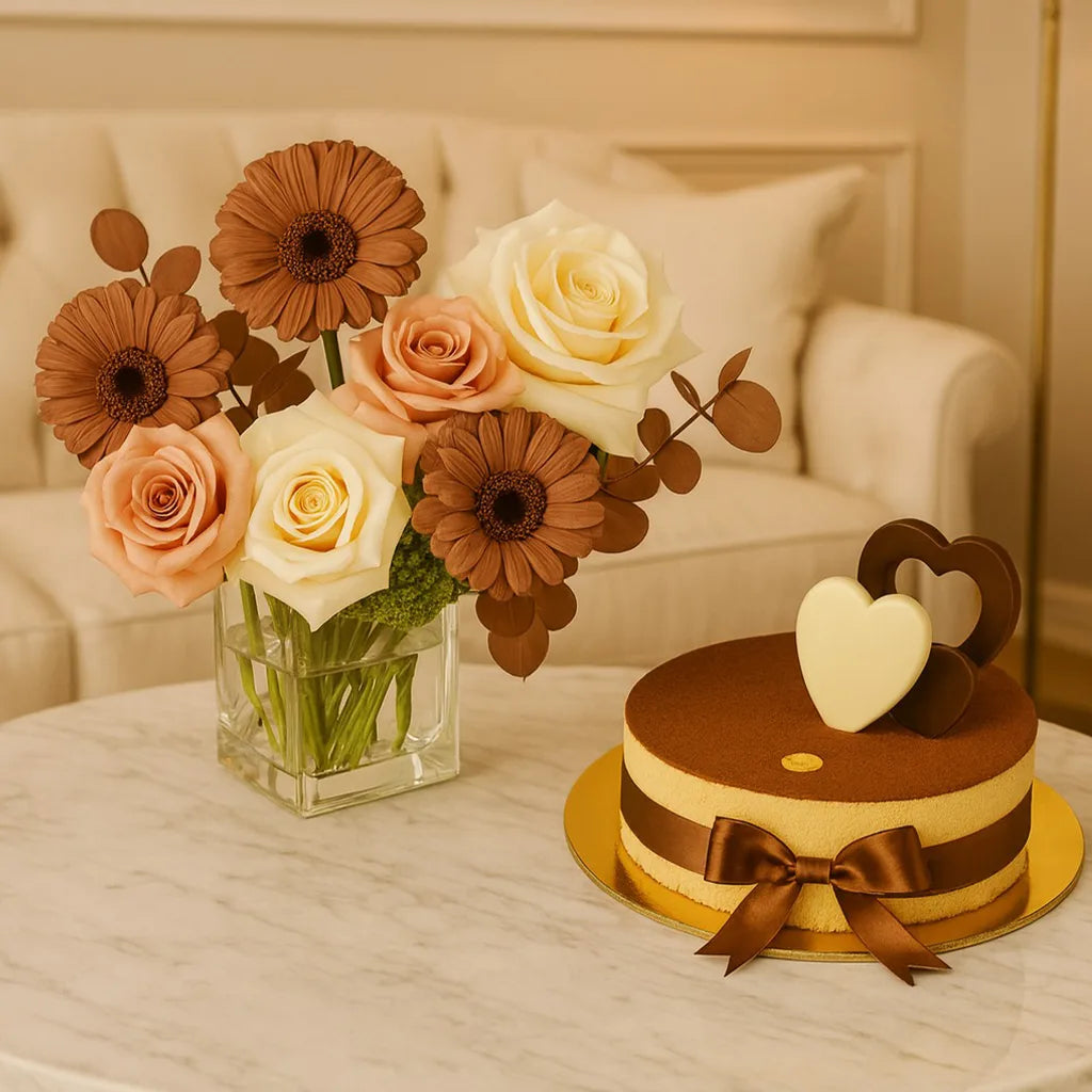 Decorative cake with heart topper and flowers on a marble surface
