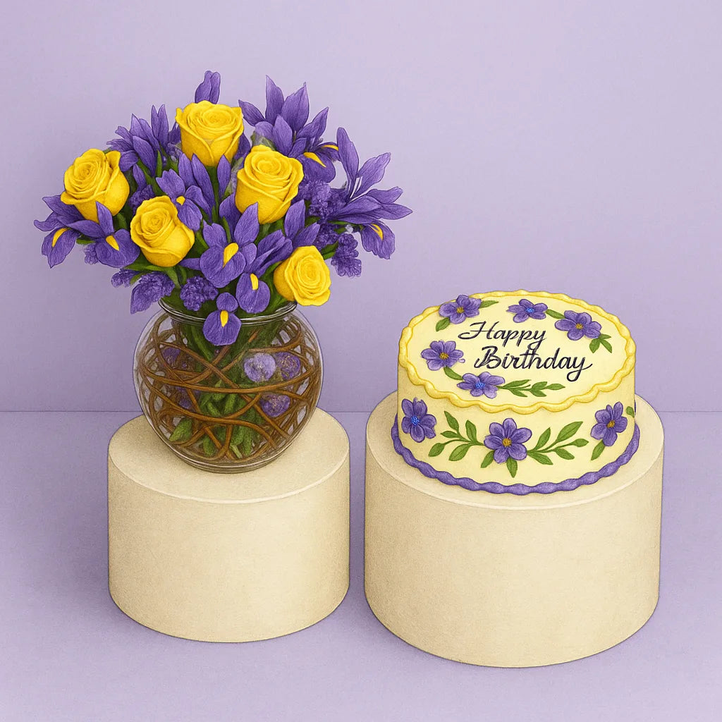 Birthday cake with 'Happy Birthday' decoration and a vase of yellow and purple flowers on a purple background