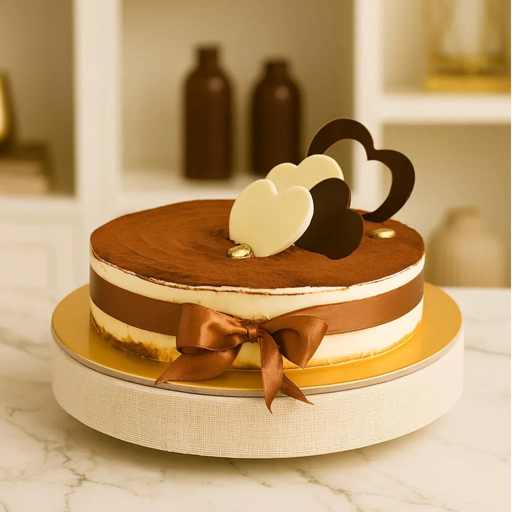 Decorative cake with heart-shaped toppers and a bow on a marble surface